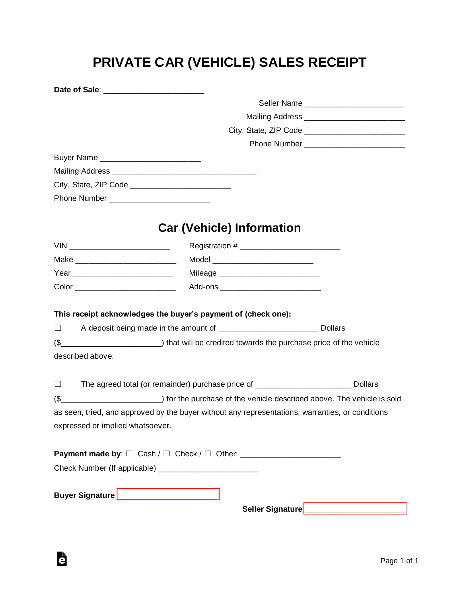 Free Vehicle (Private Sale) Receipt Template - Pdf | Word – Eforms - Free Printable Receipt For Car Sale