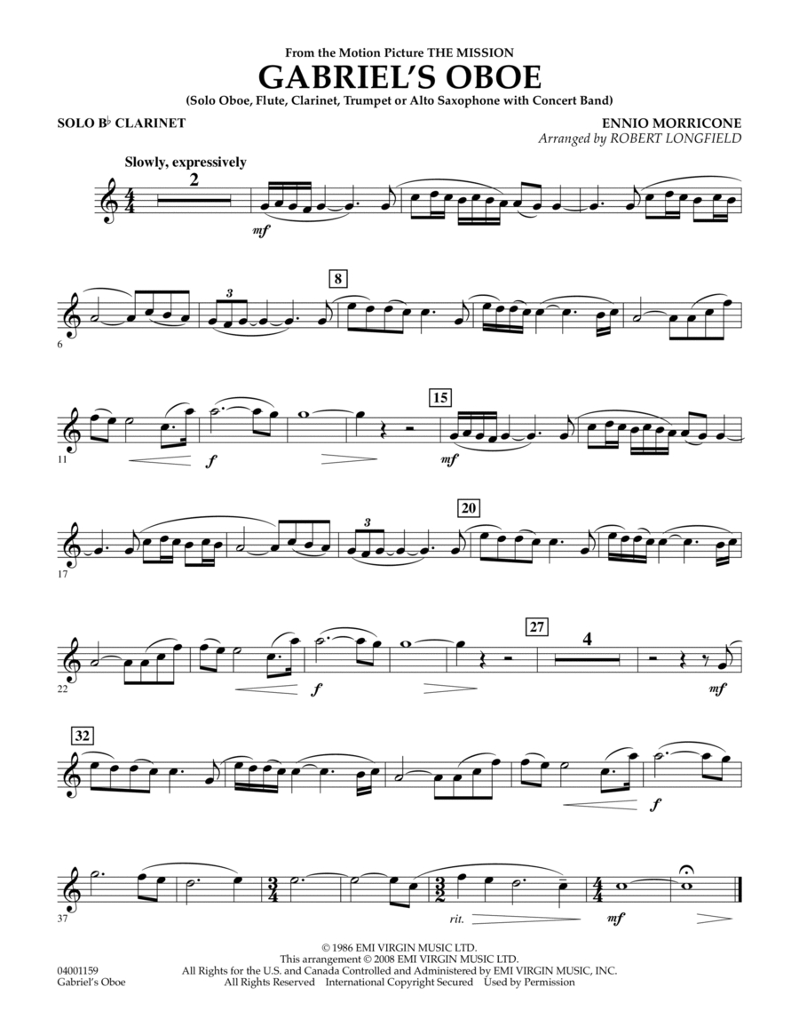 Gabriel&amp;#039;S Oboe (From The Mission) - Solo Bb Clarinetrobert - Free Printable Oboe Sheet Music