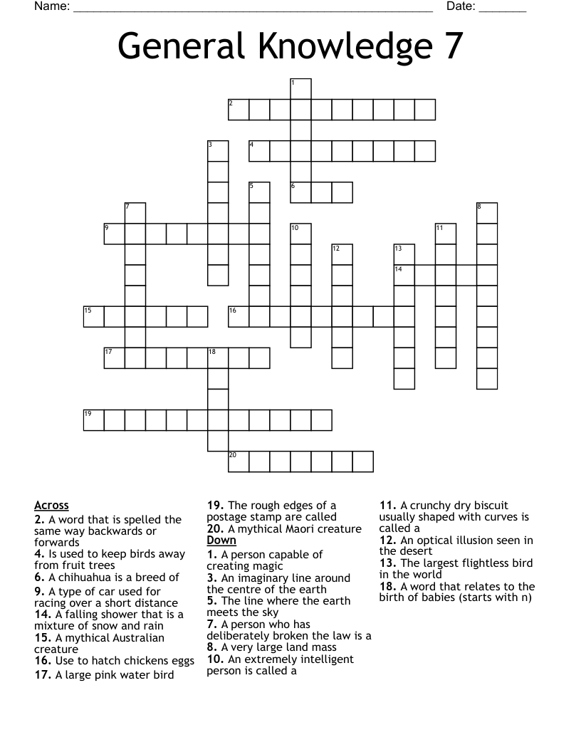 General Knowledge 7 Crossword - Wordmint - Printable Crossword Puzzles General