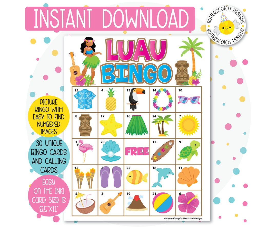Luau Tiki Aloha Printable Bingo Cards 30 Different Cards Instant - Free Printable Hawaiian Bingo Cards
