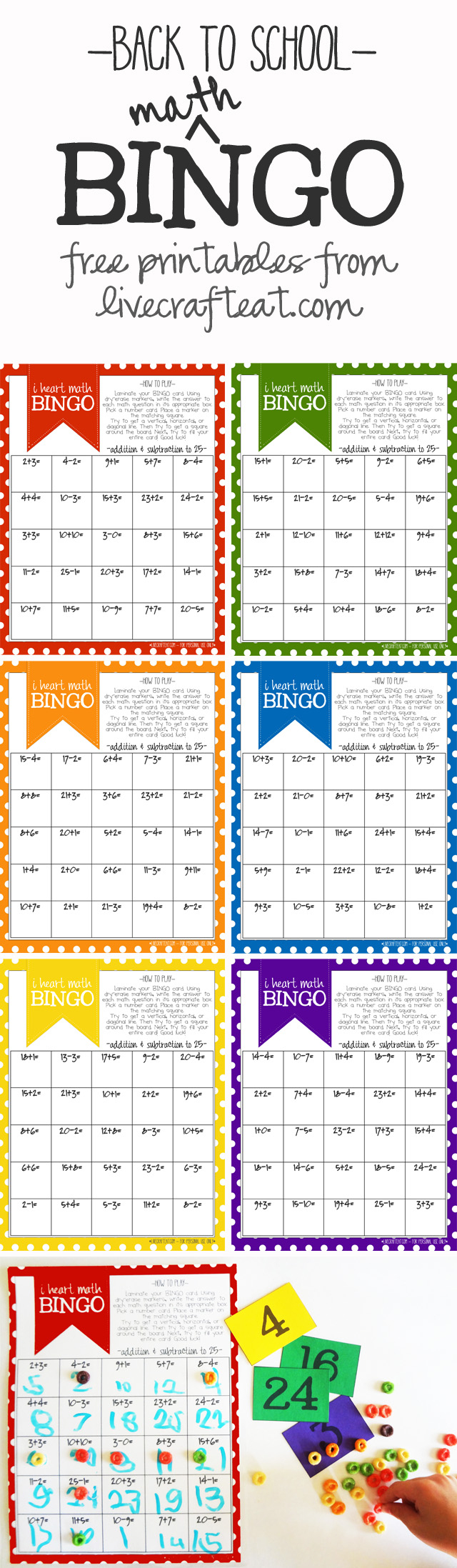 Math Bingo Printable For Kids - Free | Live Craft Eat | Math Bingo - Free Printable Addition And Subtraction Bingo Cards