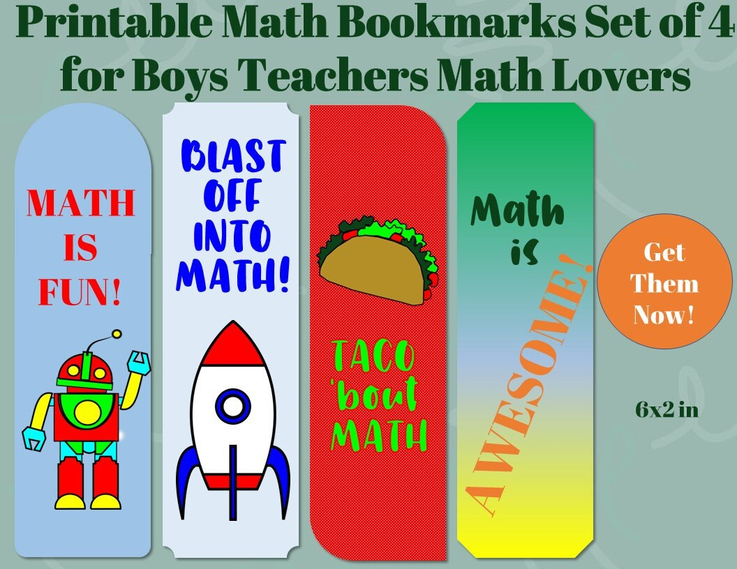 Math Printable Bookmarks For Kids Boys Teachers Set Of 4 Book - Free Printable Math Bookmarks