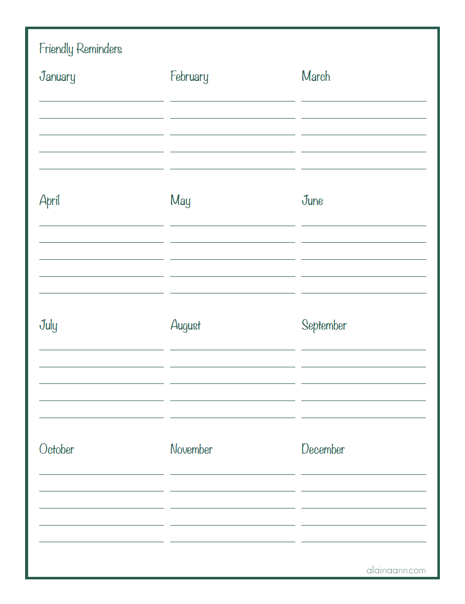 Monthly Reminders Printable — Alaina Ann - Free Printable Reminder Templates