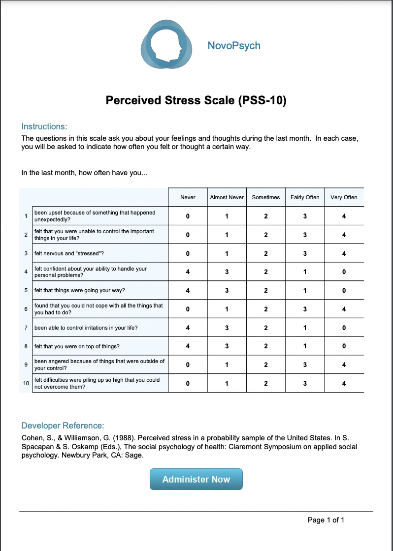 Perceived Stress Scale (Pss-10) – Novopsych - Stress Test Printable