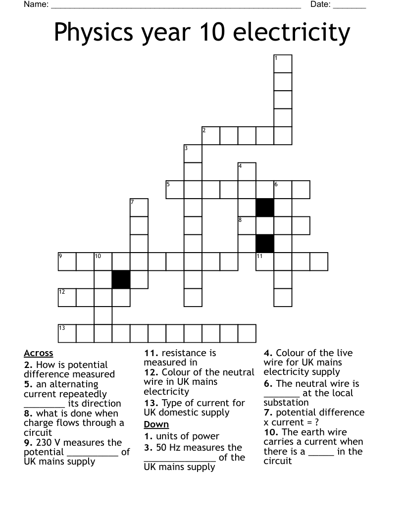 Physics Year 10 Electricity Crossword - Wordmint - Free Printable Crossword Puzzles Livewire