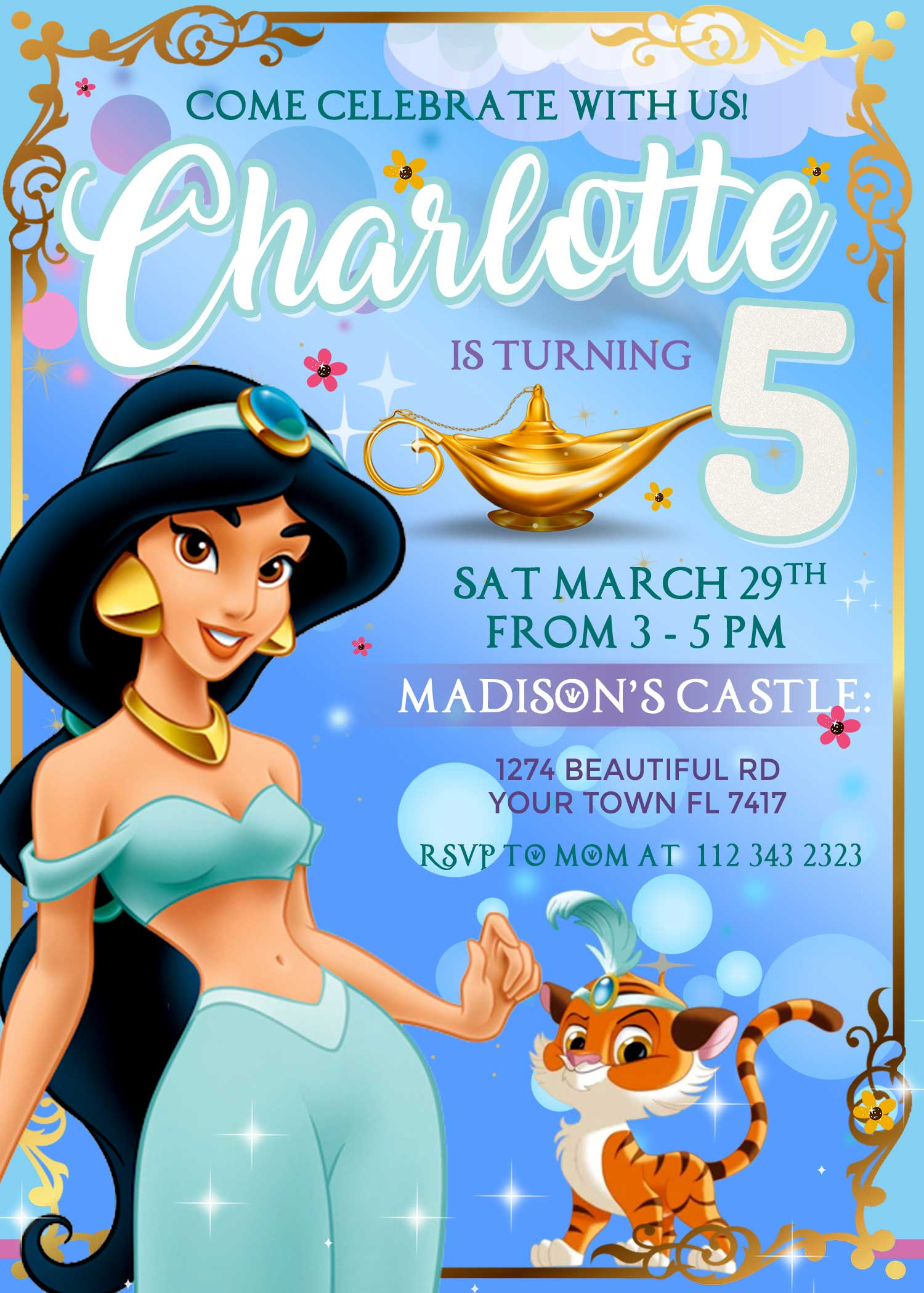 Princess Jasmine Birthday Invitation | Free Backside | 24H Ready - Free Printable Princess Jasmine Invitations