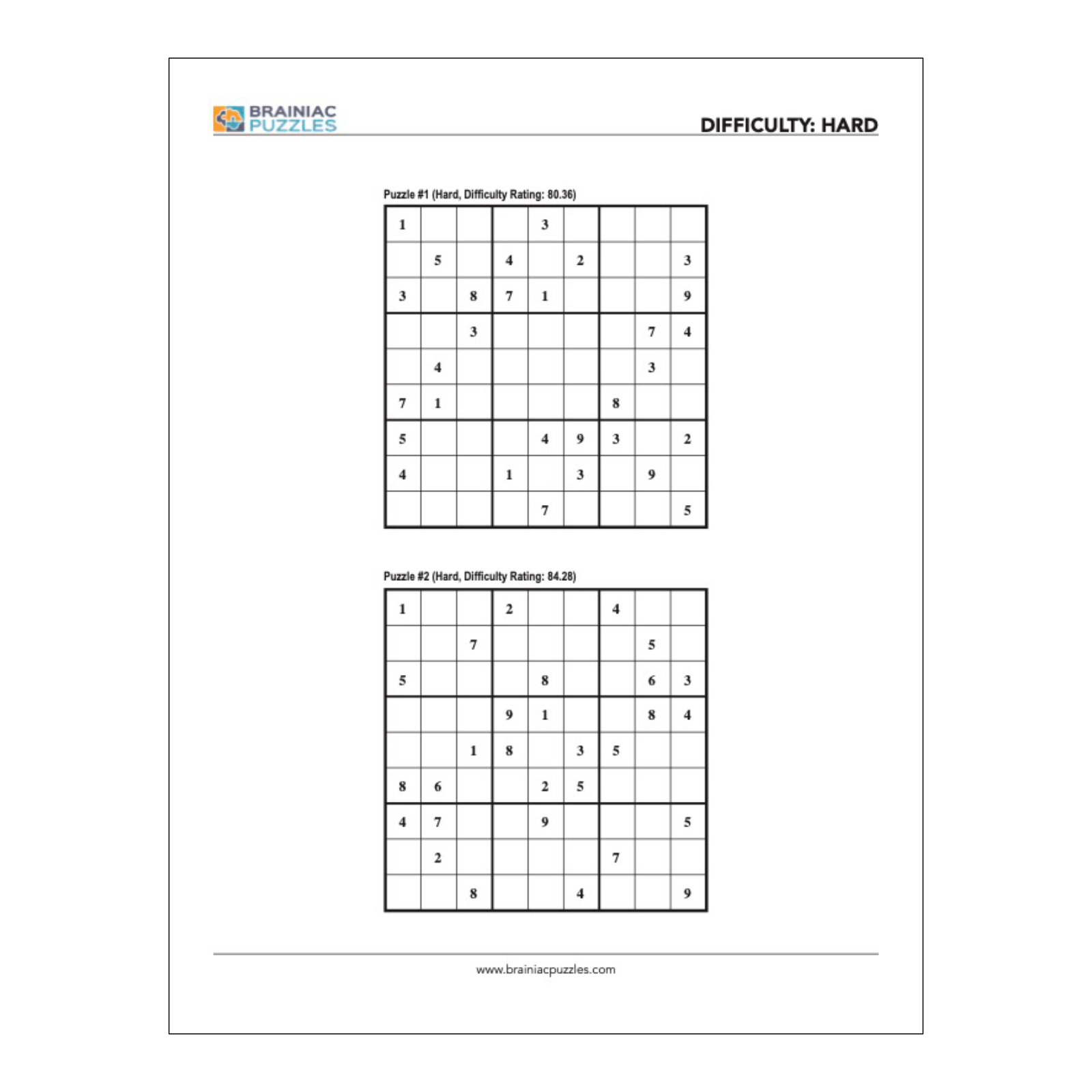 Printable Hard Sample Sudoku Pack – Brainiac Puzzles - Free Printable Tough Sudoku