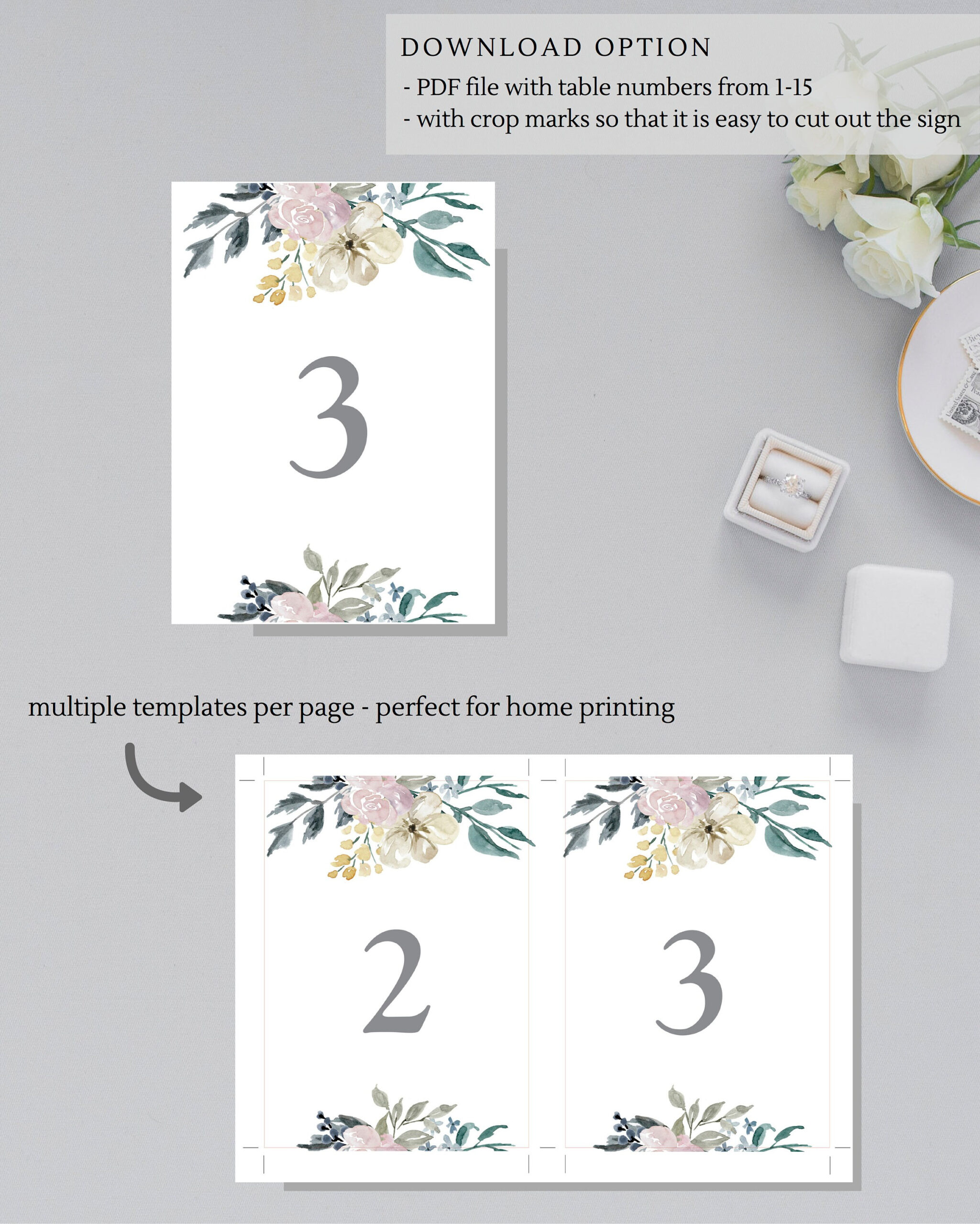 Printable Table Numbers 1 15 With Flower Pattern, Elegant Wedding - Free Printable Table Numbers 1-15