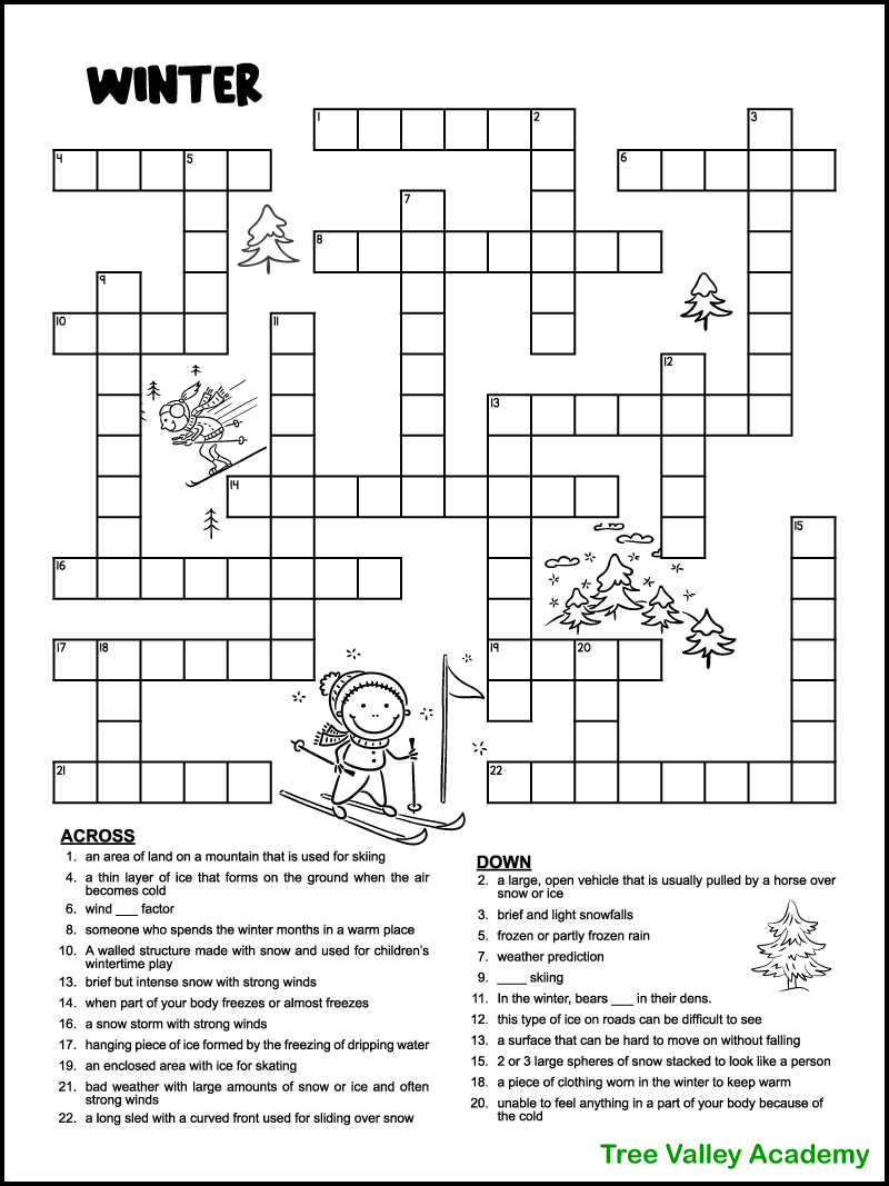Printable Winter Crossword Puzzles For Kids - Tree Valley Academy - Difficult Crossword Puzzles Printable Free