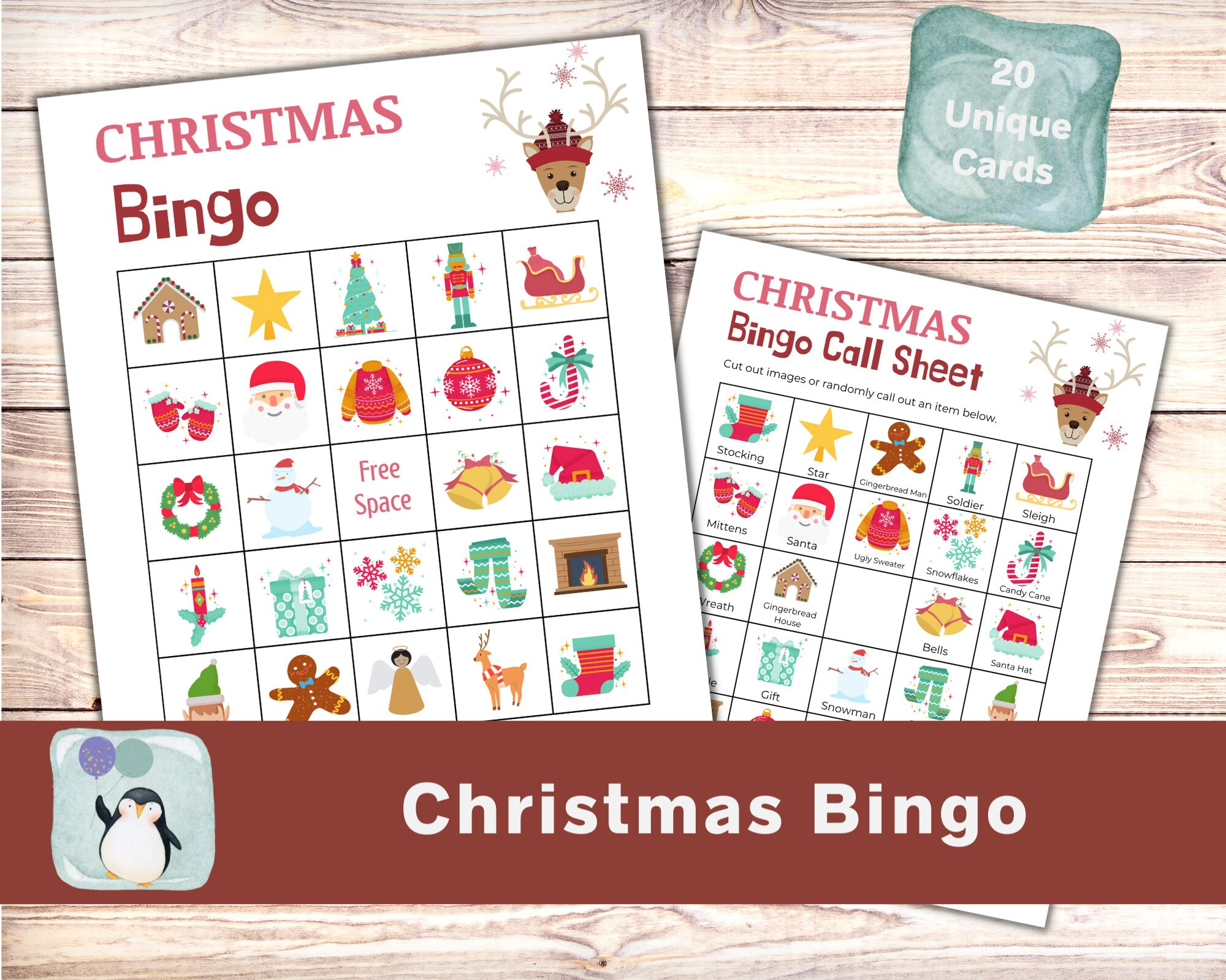 Reindeer Christmas Bingo Printable 20 Unique Cards Christmas Games - Printable Bingo Christmas 20