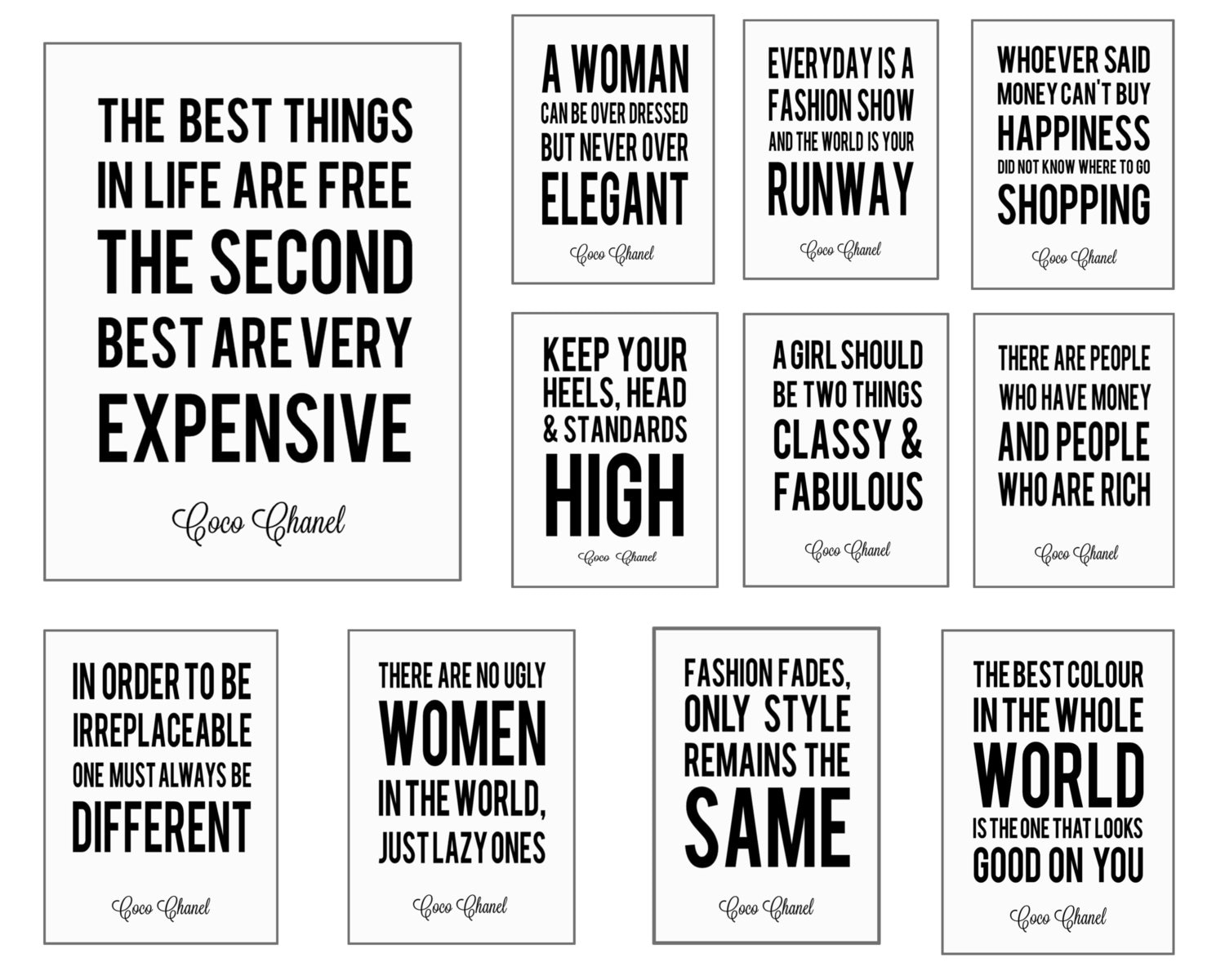 Set Of 11 Coco Chanel Quote Digital Art Printables (You Print) -3X5, 4X6, 5X7 And 8X10 - Free Printable Chanel Quotes