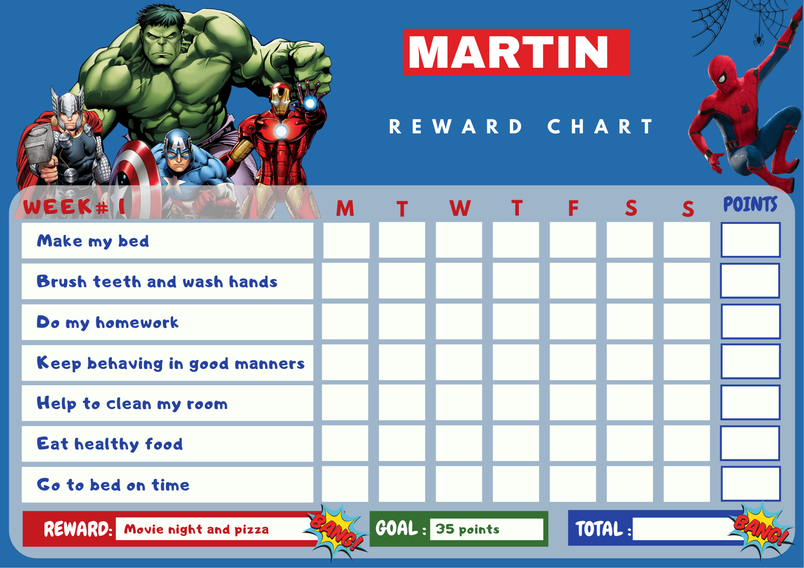 Superhero, Captain America, Iron Man, Spider Man, Thor, Hulk - Free Printable Batman Reward Chart