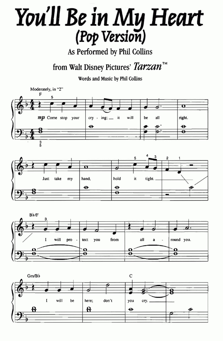 Tarzan You&amp;#039;Ll Be In My Heart Easy Piano Sheet Music | Easy Sheet Music - Free Printable Sheet Music For Piano Disney