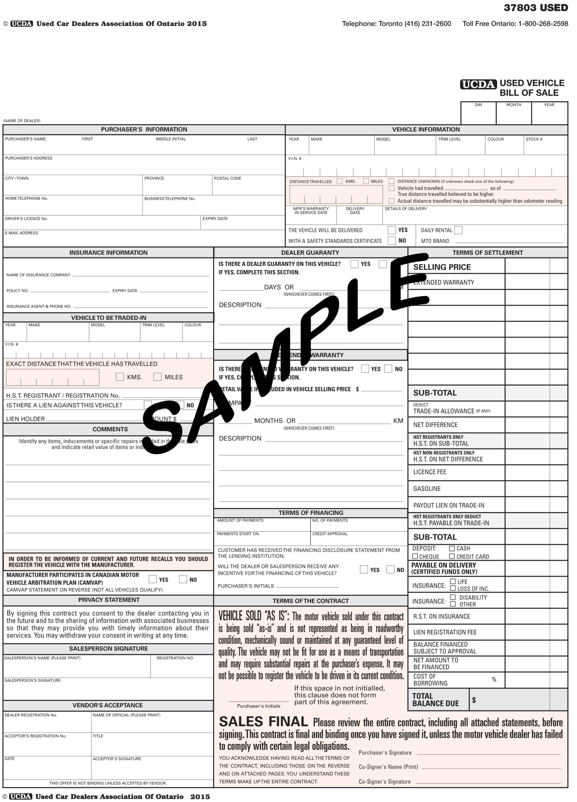 Used Vehicle Bill Of Sale - The Used Car Dealers Association Of - Free Printable Bill Of Sale Ontario