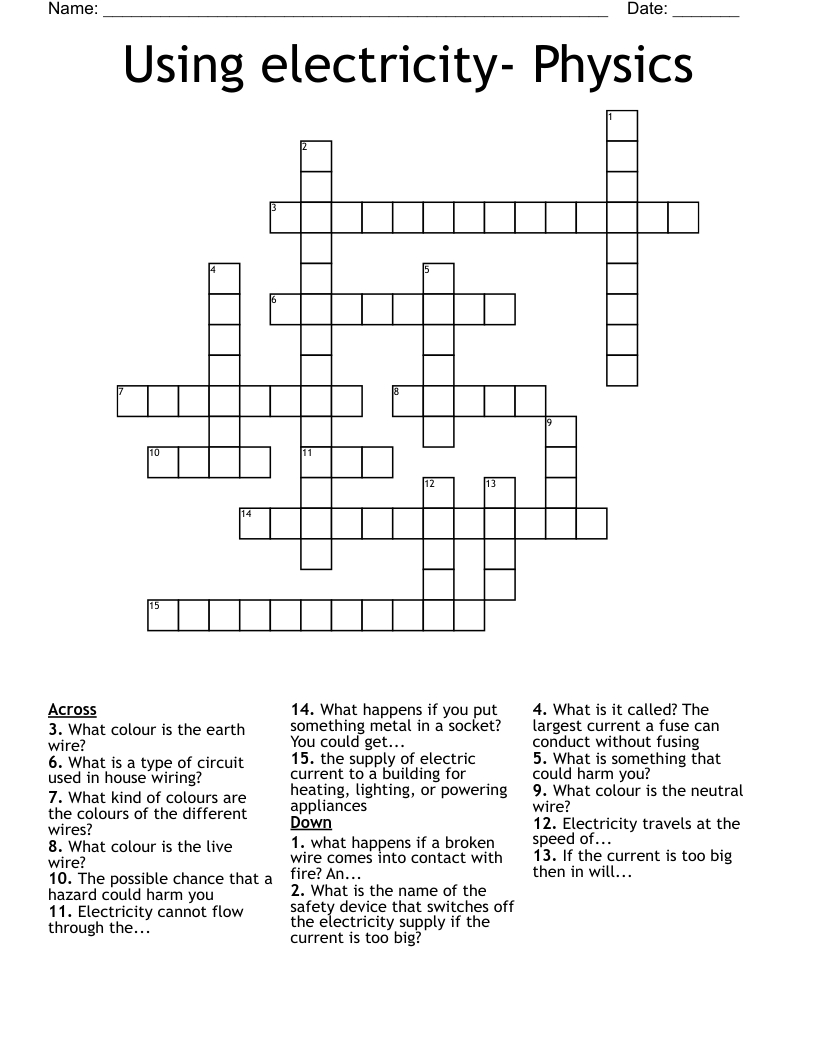 Using Electricity- Physics Crossword - Wordmint - Free Printable Crossword Puzzles Livewire