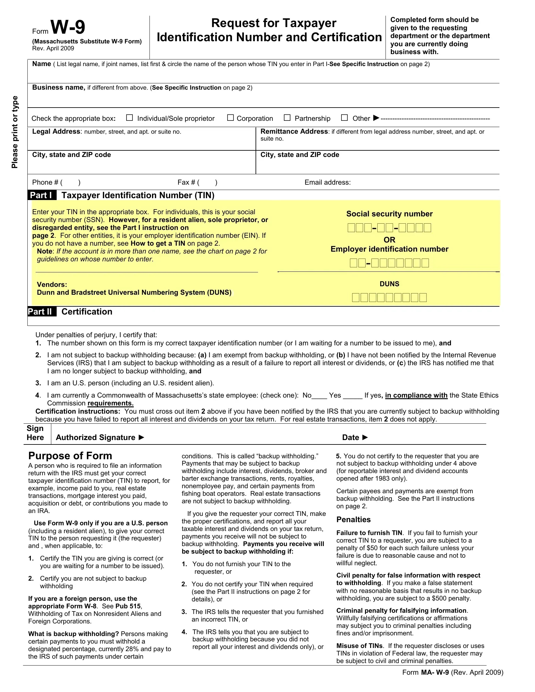 W9 Ma Form ≡ Fill Out Printable Pdf Forms Online - Printable W-9 Form 2019