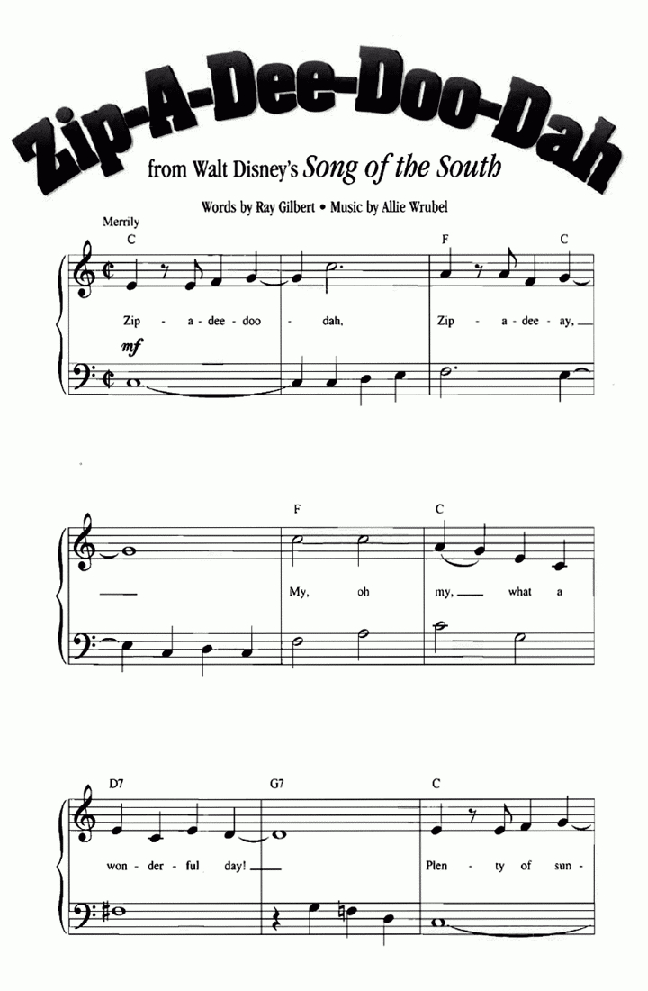 Zip A Dee Doo Dah Easy Piano Sheet Music | Easy Sheet Music - Free Printable Sheet Music For Piano Disney